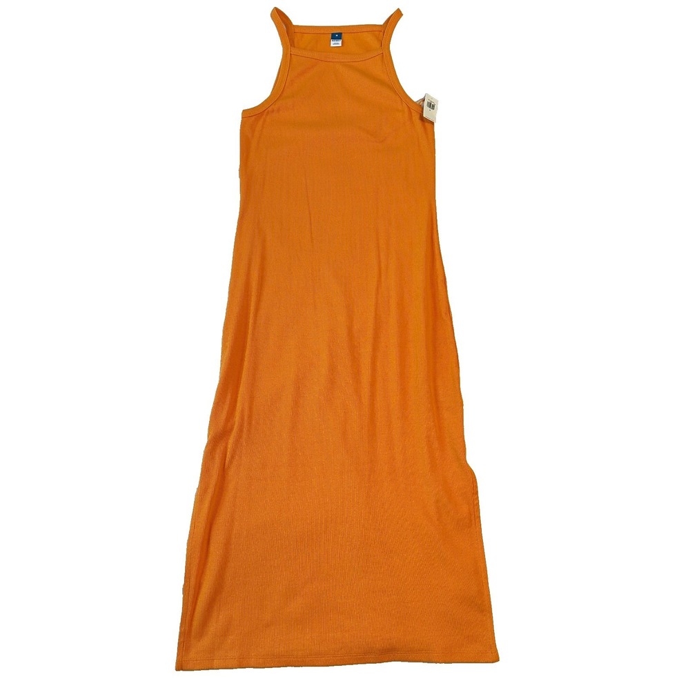 Old Navy Womens Rib-Knit High-Neck Maxi Dress Orange Side Slit Size M New